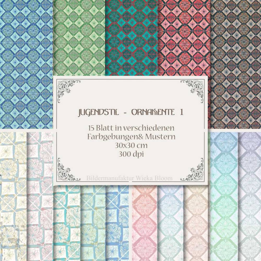 JUGENDSTILORNAMENTE 1, antike Ornamente Muster im Vintage Style, 15 Blatt  digitales Papier zum download und drucken Bild 1