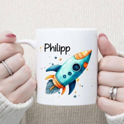 Tasse personalisiert mit Namen Rakete Junge Geschenk Kinder Geburtstag Keramik oder Emaille