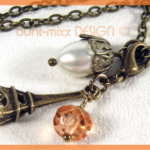 SET: Kette mit Zuchtperle UND Charm Anhänger Eiffelturm, Perle rosaline. Kette Länge zur Auswahl, handmade by BuntMixxDE