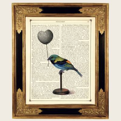 Vogel Herz Luftballon Kunstdruck Valentinstag Geschenk Muttertag - Steampunk Druck auf antiker viktorianischer Buchseite