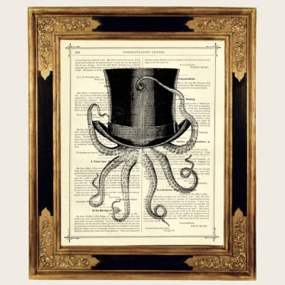 Steampunk Oktopus Kunstdruck Kraken Zylinder Hut Poster Tentakeln - Druck auf antiker viktorianischer Buchseite