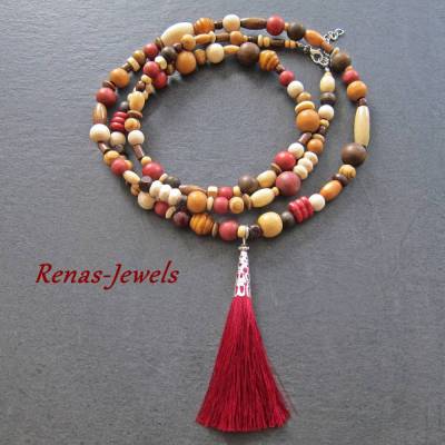Bettelkette lang rot braun beige silberfarben mit Quaste Anhänger, Holzperlenkette Boho Holzkette