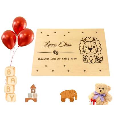 Personalisierte Erinnerungskiste für Babys - Safari-Tiergruppe Löwe - Mit Name und Datum personalisiert 