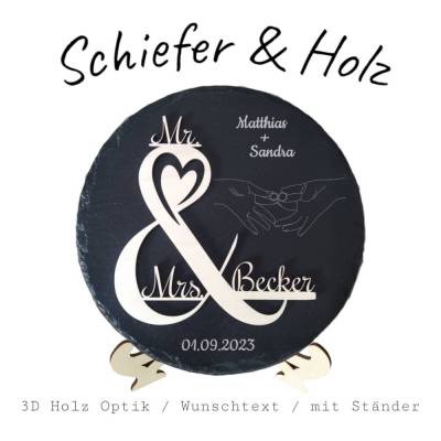 Personalisierte Schiefertafel mit 3D-Holzgravur – Perfekt als Geschenk für Hochzeit, Verlobung, Hochzeitstag