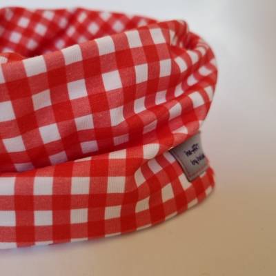 Beanie-Loop - gleichzeitig Mütze und Loop - für Damen, aus Jersey (Bio) in rot-weiß KARO, von he-AR