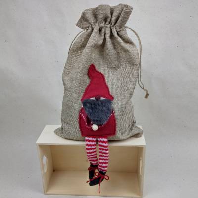 Jute-Geschenkbeutel mit Weihnachtswichtel – 20cm x 30 cm - Geschenkverpackung