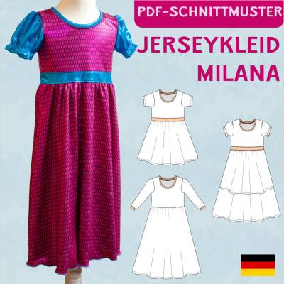 Schnittmuster „Milana“ – Kinder Jerseykleid mit Puffärmeln und Glockenrock, Größen 86-158, PDF-eBook (Deutsch)