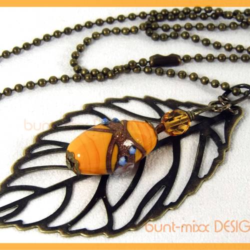 Kette Kugelkette bronzefarben Wechselanhänger großes Blatt filigran venezian-bead safrangelb vintage style