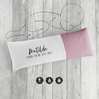 Geburtskissen mit Echtmaßen | Größe und Gewicht deines Babys | weiß/rosa aus Musselin