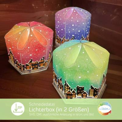 Lichterbox, Laterne SVG in 2 Größen, Plotterdatei für Papier inkl. Anleitung, mit tollem Lichtspiel, für 3 Teelichter