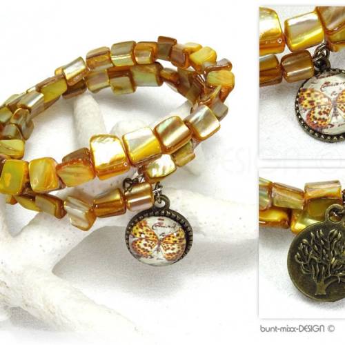 Spiralarmband safrangelb Perlmutt Nuggets Anhänger Cabo Lebensbaum Schmetterling Armband handmade by BuntMixxDESIGN