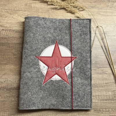 Graumelierte Zeugnismappe aus Filz bestickt STERN rot / Zeugnishülle Schutzumschlag 