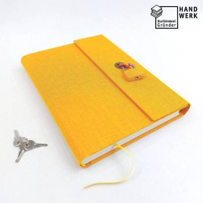 Tagebuch mit Schloss, sonnenschein gelb orange, DIN a5, 140 Blatt, handgefertigt, Notizbuch