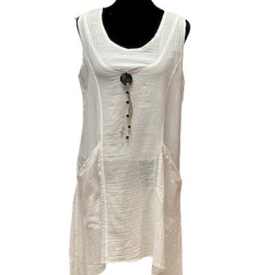 Damenkleid in Wollweiß ärmellos mit zwei Vordertaschen und Deko-Knopf Sommerkleid Tunikakleid