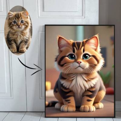 Cartoon KATZE Digital Poster Personalisierte Karikatur Portrait Foto, Benutzerdefinierte Tier Wandkunst Haustierlieber