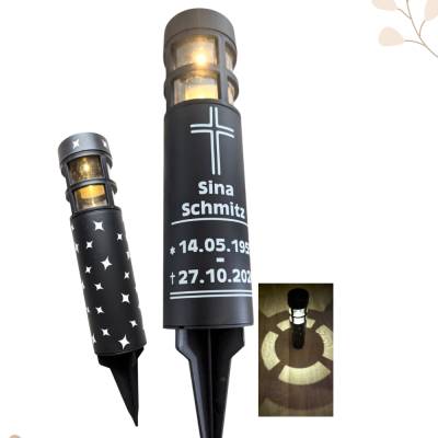 Grablicht Solar Kreutz, Personalisiert,Sterne mit Herzen, Gedenklicht, Trauerlicht, Erinnerungslicht, Grab