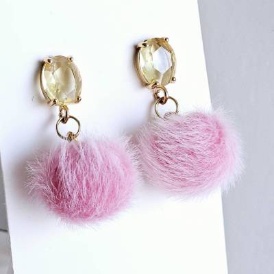 Ohrringe mit Pom Pom, goldene Ohrringe hängend, Ohrstecker mit Glas
