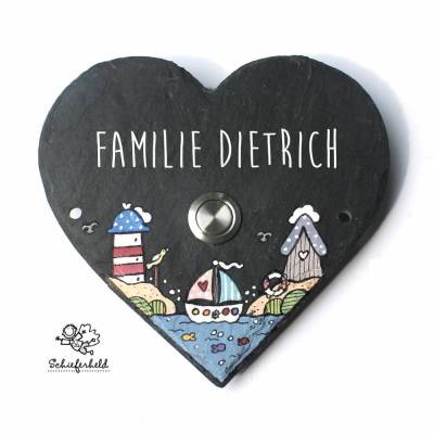 wetterfestes Klingelschild maritim aus Schiefer in Herzform mit Name personalisiert, individuelles Geschenk für Familien