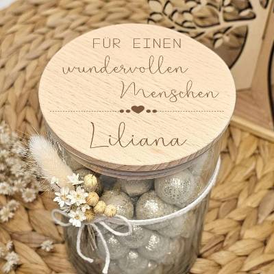 Geschenk wundervoller Mensch Vorratsglas mit Holzdeckel personalisierbar 530ml & 880ml mit Wunschgravur