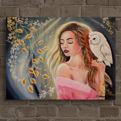FROSTY MORNING SUNRAYS - romantisches Frauenportrait mit Eule auf Leinwand von Christiane Schwarz