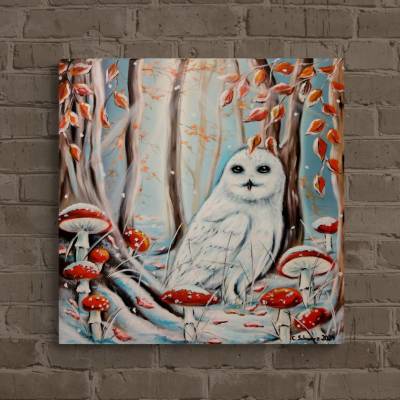 SCHNEEEULE IM WINTERWALD - winterliches Eulenbild auf Leinwand mit verschneiten Fliegenpilzen von Christiane Schwarz