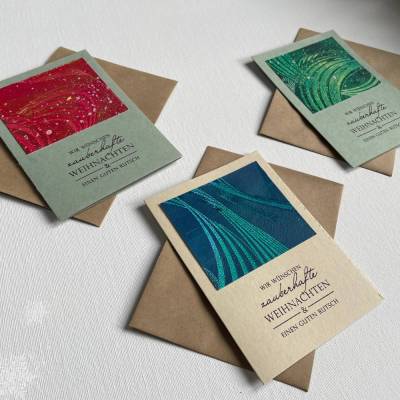 Original Weihnachtskarten Set mit drei handgemachten Karten. Weihnachtliche Grußkarten zum senden von Weihnachtsgrüßen.