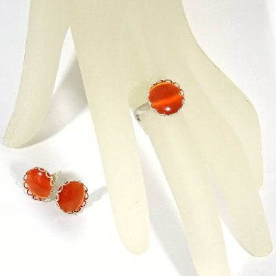 SET Ring und Ohrstecker, Cabochon Cateye orange schimmernd sunshine, mit Schmuckschachtel Etui, by BuntMixxDESIGN