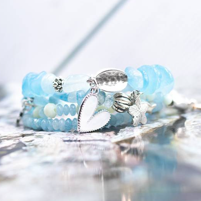 Aquamarin Perlenarmband Set in blau, elegant Schmuck stapelbar, Unikat bohemian Bettelarmband, Geschenk Weihnachten