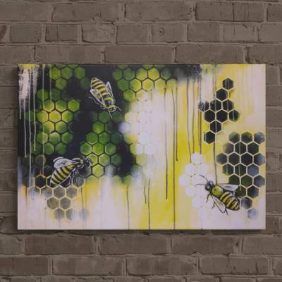 BIENEN-TRIO - abstraktes Gemälde mit Bienen auf Leinwand von Christiane Schwarz