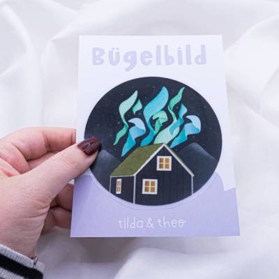 Bügelbild Nordlichter Island Haus Aufnäher Skandinavien - Geschenk Shirt verzieren Iron On Patch - Iceland Travel Gesche