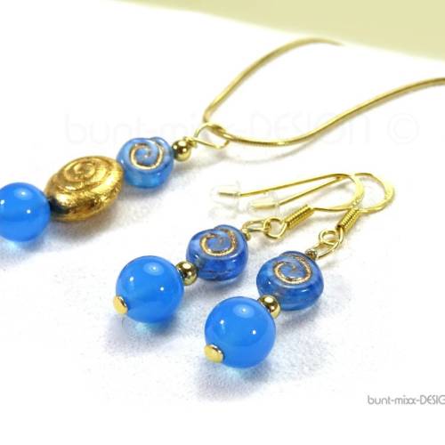 Kette Wechselanhänger Schnecke goldfarben Glasperlen Achat blau Schlangenkette 925-Silber Ohrhänger capriblau 