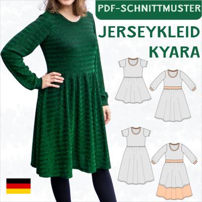 Ebook & Schnittmuster 'Kyara' – Jerseykleid mit gerafftem Rock & Bischofärmeln, inkl. PDF-Anleitung (Größe 34-50)