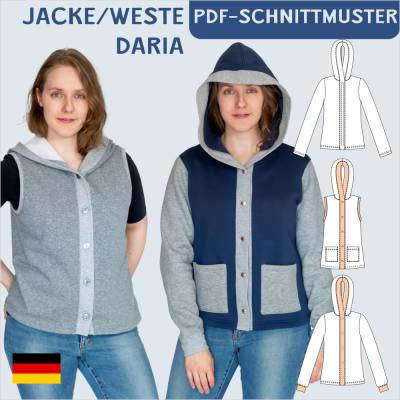 eBook Schnittmuster „Daria“ – Sweatjacke & Sweatweste mit Kapuze, Gr. 34-50, PDF-Format (A4, A0)
