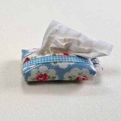 Taschentuchtasche mit Reißverschluss, beschichtete Baumwolle, hellblau mit Blumenmuster und Webband