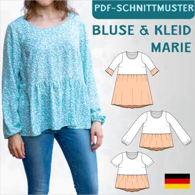 eBook Schnittmuster „Marie“ – Lockere Bluse & Kleid mit Volantärmeln, Gr. 34-50, PDF (A4, A0)