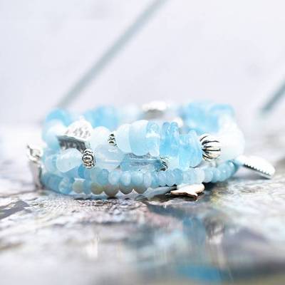 Aquamarin Perlenarmband Set in blau, elegant Schmuck stapelbar, Unikat bohemian Bettelarmband, Geschenk Weihnachten
