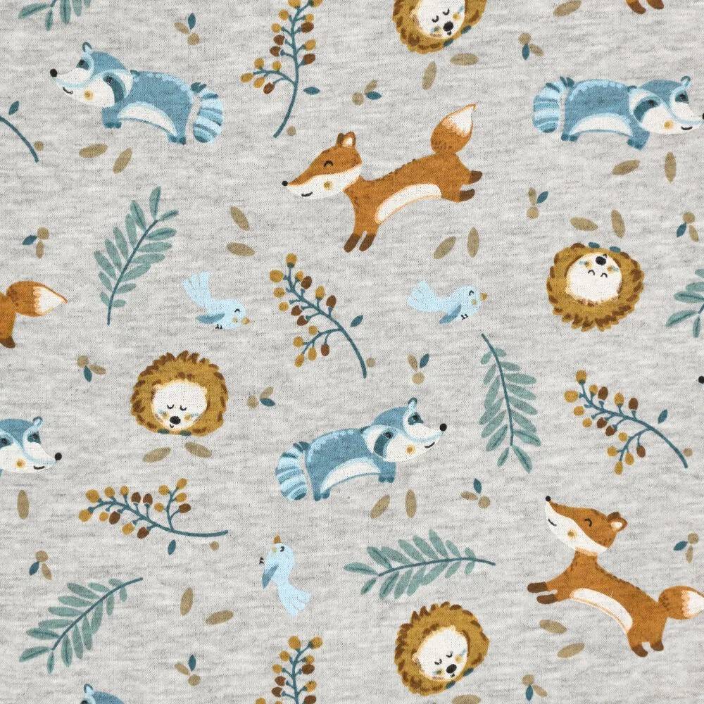 ♕ Alpenfleece Stoff grau melange mit Füchsen Waschbär Igel 50 x