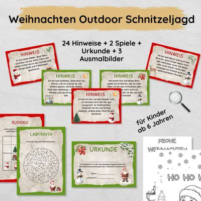Weihnachten Outdoor Schnitzeljagd Set für Kinder mit 24 Hinweisen, Urkunde, Spielen & Ausmalbildern