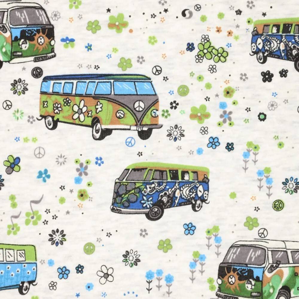 ♕ Alpenfleece Stoff ecru melange mit Bulli VW-Bus Camper blau 50