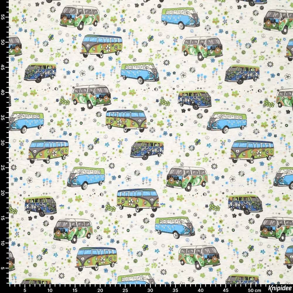 ♕ Alpenfleece Stoff ecru melange mit Bulli VW-Bus Camper blau 50