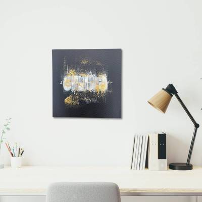Abstraktes Wandbild in Schwarz, Weiß und Gold. Das moderne Leinwandbild hat 30 cm x 30 cm und ist ein Eyecatcher