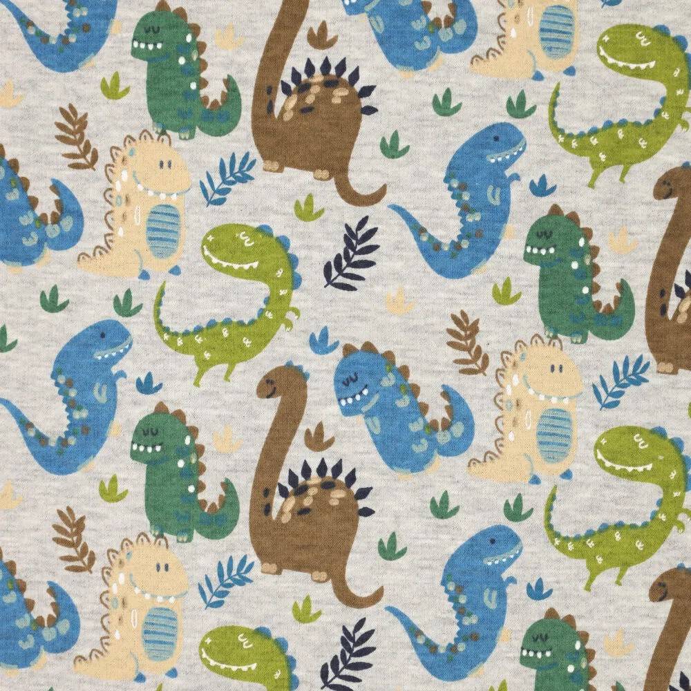 ♕ Alpenfleece Stoff grau melange mit Dinos Dinosaurier grün blau