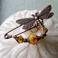 Schalnadel Libelle Chartreuse im Jugendstil, Brosche mit böhmischen Perlen in Oliv Gelbgrün N-7-AB-45 Bild 10