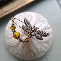 Schalnadel Libelle Chartreuse im Jugendstil, Brosche mit böhmischen Perlen in Oliv Gelbgrün N-7-AB-45 Bild 2