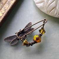Schalnadel Libelle Chartreuse im Jugendstil, Brosche mit böhmischen Perlen in Oliv Gelbgrün N-7-AB-45 Bild 7