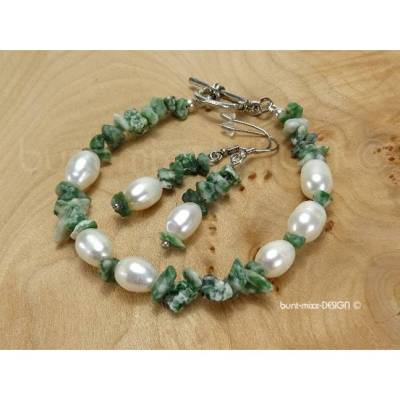 Armband Ohrhänger Moosachat grün Zuchtperlen, Unikat OOAK, handmade by BuntMixxDESIGN ©