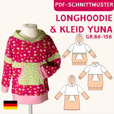 Schnittmuster „Yuna“ – Longhoodie/Kleid mit Teilungsnähten, Kapuze oder Kragen für Kinder (Gr. 86-158) | eBook PDF