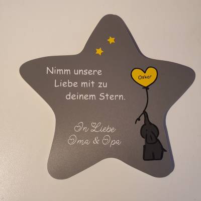 Grabdeko für Sternenkind | wetterfester personalisierter Stern mit Elefant | kindgerechte Grabgestaltung