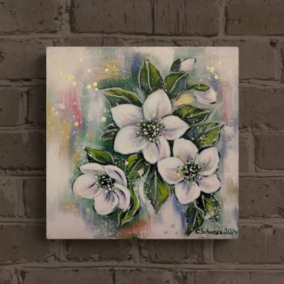 WEISSE CHRISTROSEN - winterliches Blumenbild mit goldfarbigen Akzenten auf Leinwand von Christiane Schwarz