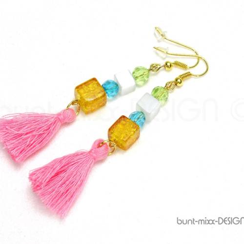 Ohrhänger mit Quaste, Tassel rosa, Glasperle Würfel goldfarben, pastell Farben, made by BuntMixxDESIGN